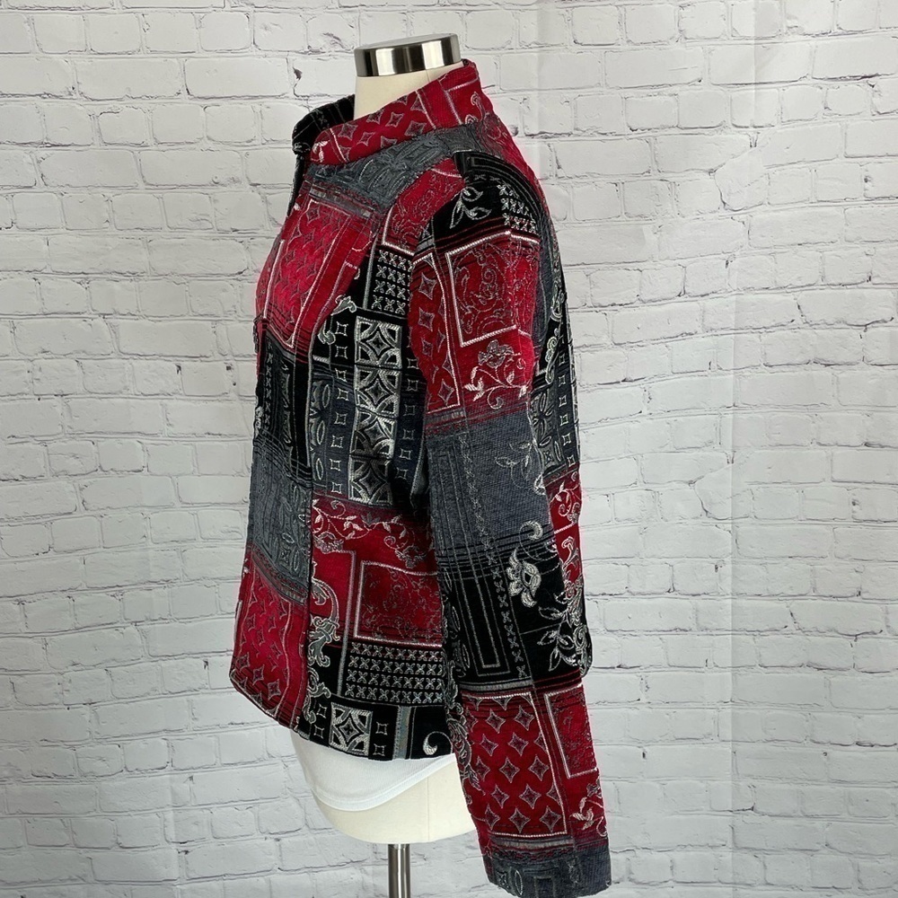 Christopher & Banks Zip Tapestry Blazer Red/Gray/Black Mandarin Collar Large - Picture 2 of 10